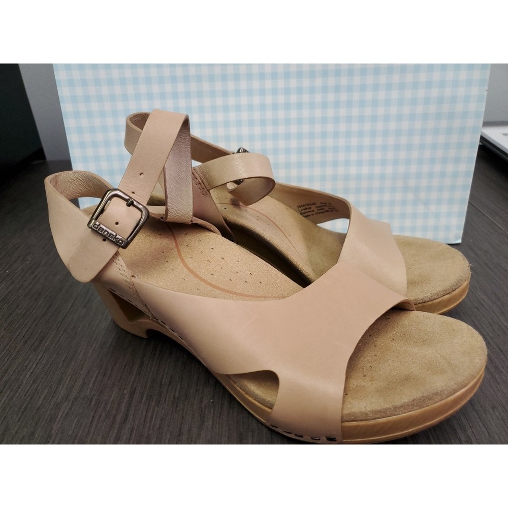 Dansko Tasha Cutout Sandals 37 (6.5-7M) Tan Leather Wooden Platform Wedge Heels